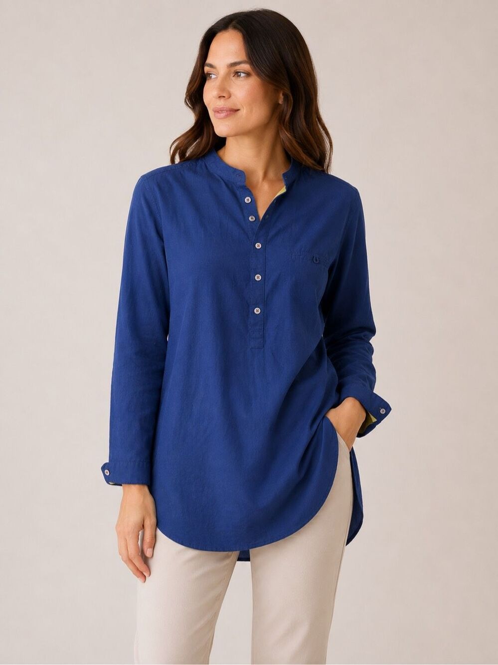 Nicobar 100% Organic Linen Tunic Blouse Size Medium Navy Blue Buttons